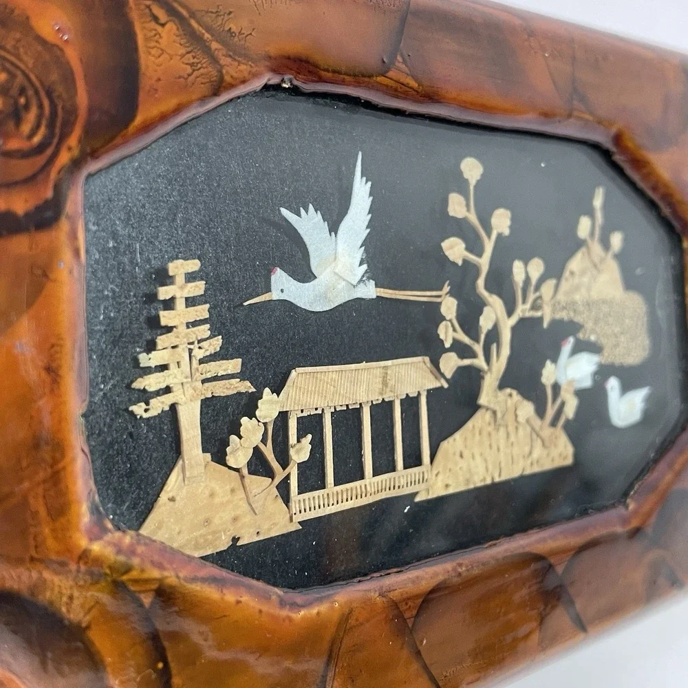 VTG Carved Crane Glazed Wooden Jewelry Trinket Box Red Lining Republic of China